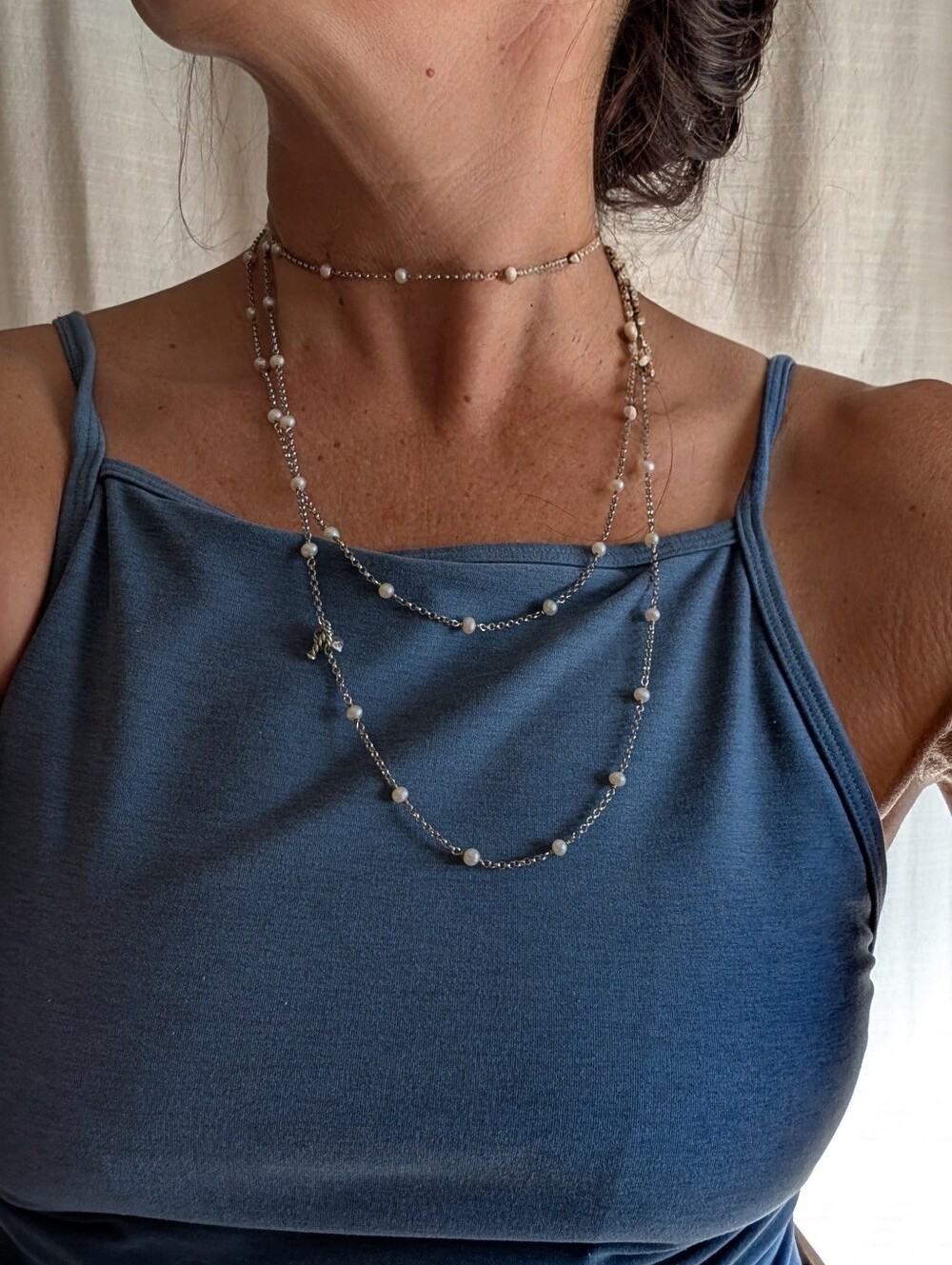 David Yurman 925 Silver Chain with White Pearls Long Station Necklace 60 Inch